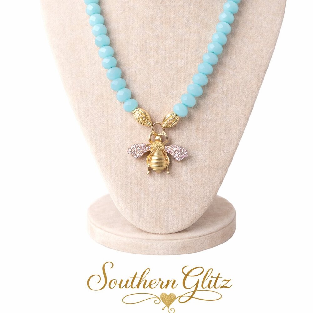 Turquoise blue color Bee Pendant Necklace – Gold Bumblebee Charm Necklace
